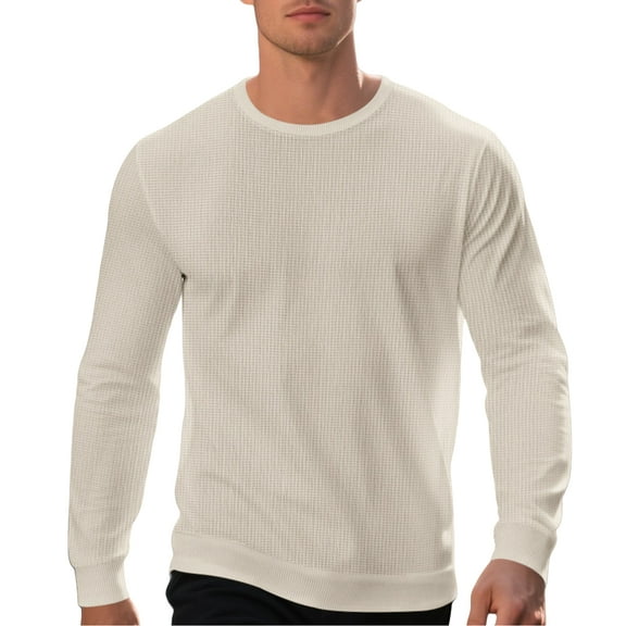 Men's Casual Loose-Fit Waffle Weave Long Sleeve Round Neck Solid Color Fashionable T-Shirt Top for Sports, Streetwear, and Everyday Comfort,Khaki,XL