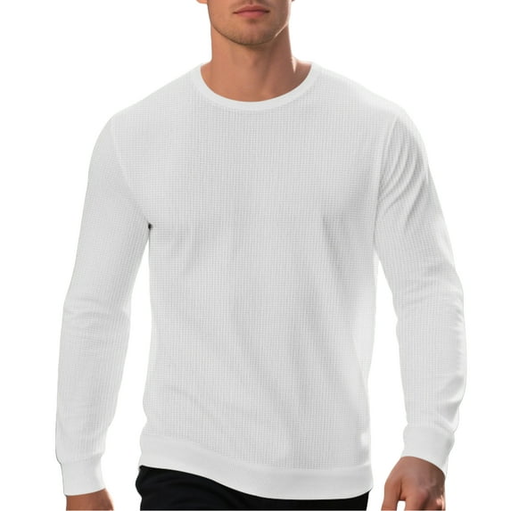 Men's Casual Loose-Fit Waffle Weave Long Sleeve Round Neck Solid Color Fashionable T-Shirt Top for Sports, Streetwear, and Everyday Comfort,White,M