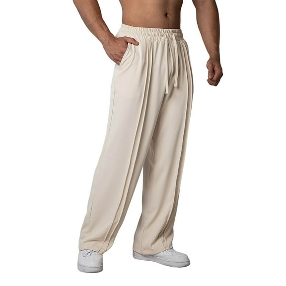 Men's Casual Loose Pants Plus Size Outdoor Straight Wide Leg Pants Solid Color Sports And Leisure Sanitary Pants with Pockets Beige XXXL