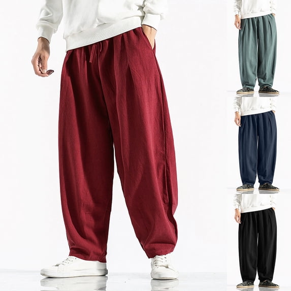 Men's Casual Loose Solid Color Linen Pants, Cotton Linen Wide Leg Harem Trousers Chinese Style for Bohemian Fashion and Comfort,Black,L