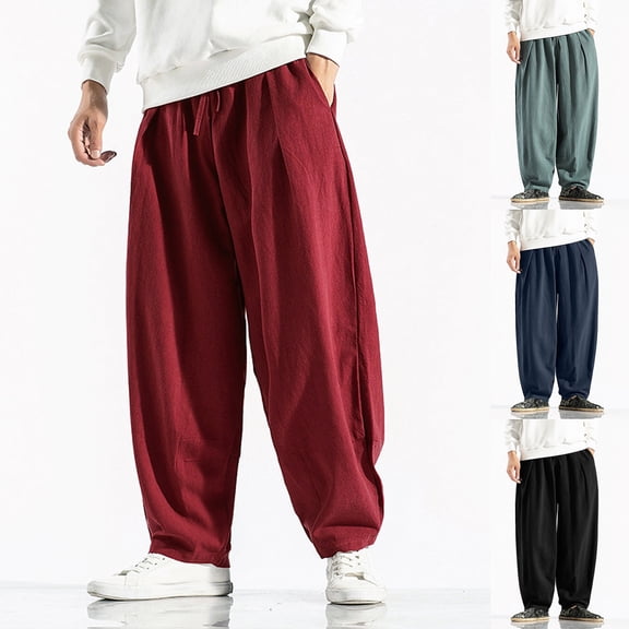 Men's Casual Loose Solid Color Linen Pants, Cotton Linen Wide Leg Harem Trousers Chinese Style for Bohemian Fashion and Comfort,Red,L