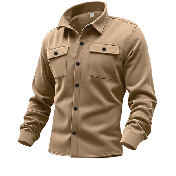 Men's Casual Loose Solid Color Shirt Jacket - Lapel Long-sleeve Button Casual Workwear Jacket, Khaki, Size S