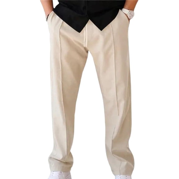 Men's Casual Loose Straight-Leg Trousers Lightweight Waffle Knit Elastic Office Casual Pants for Spring Summer