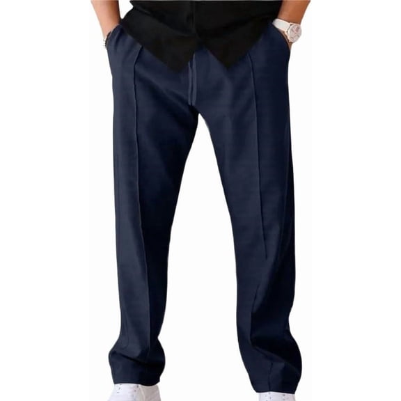 Men's Casual Loose Straight-Leg Trousers Lightweight Waffle Knit Elastic Office Casual Pants for Spring Summer