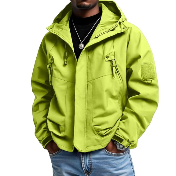 Men's Casual Loose Waterproof Windbreaker - Hooded Jacket, Fluorescent Green, XL