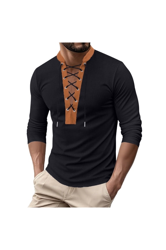 Men's Casual Medieval Vintage Long Sleeve Lace Up Shirt Renaissance Pirate Viking Fashion Tops Halloween Costume (L, Black)