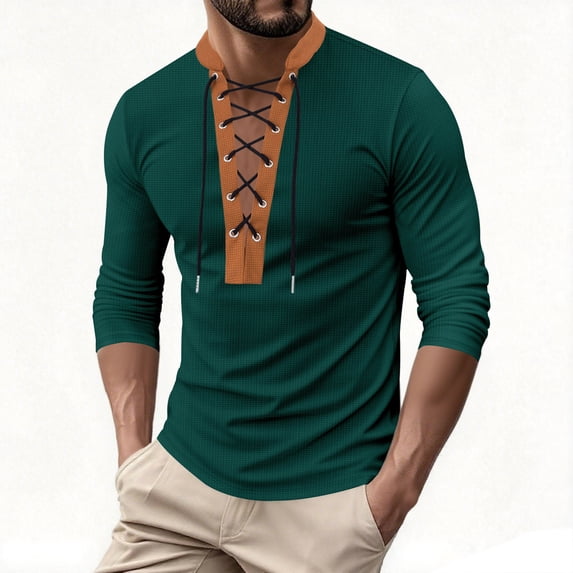 Men's Casual Medieval Vintage Long Sleeve Lace Up Shirt Renaissance Pirate Viking Fashion Tops Halloween Costume (S, Green)
