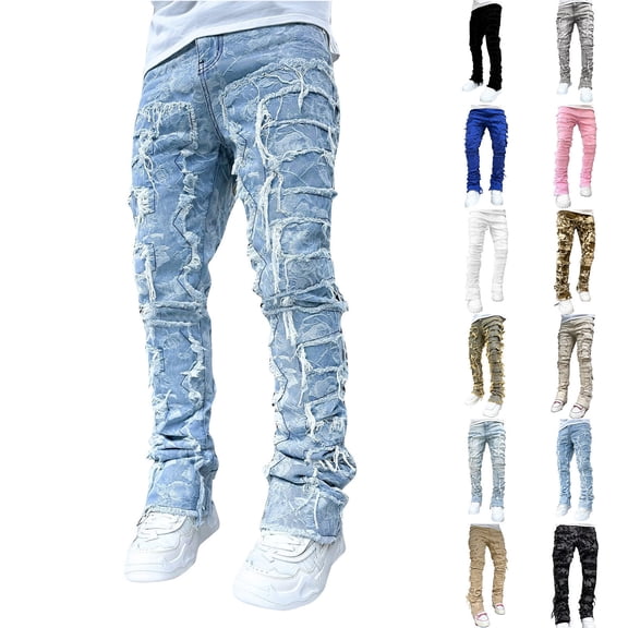 Men's Casual Mid-Rise Washed Ripped Jeans, Retro Straight Slim Fit Fashion Denim Pants for Streetwear and Daily Style,Multicolor,L