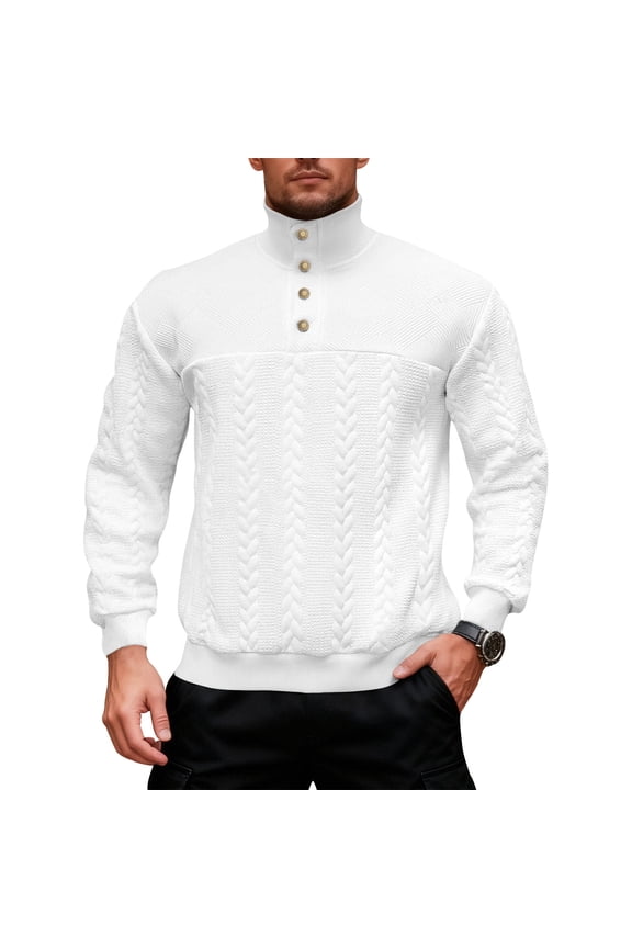 Men's Casual Mock Neck Button Knit Top - Quarter-Button Pullover Warm Sweater with Elbow Patch - White - Size M