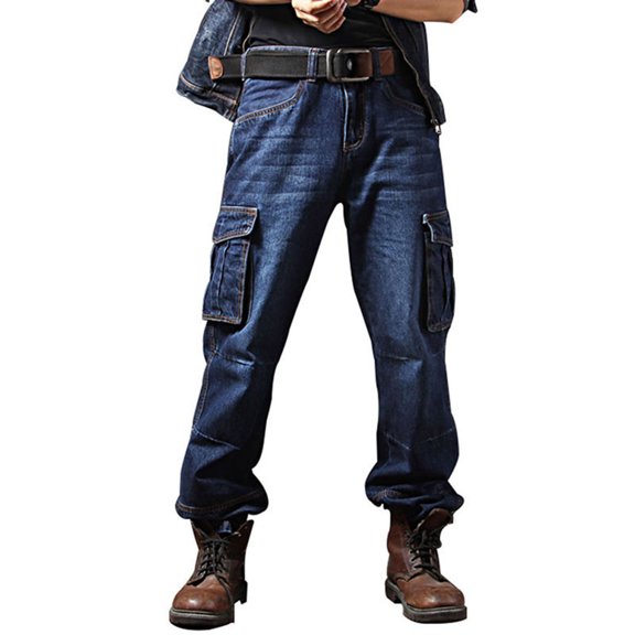 Men's Casual Motorcycle Workwear Multi Pockets Denim Biker Cargo Jeans Pants