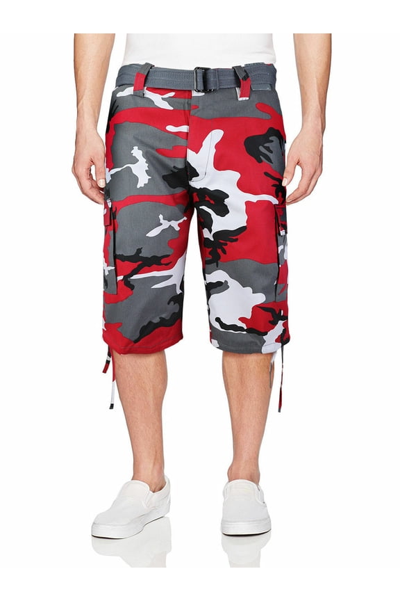 Men's Casual Multi Color Cargo Shorts With Belt (Red Camo, 48)