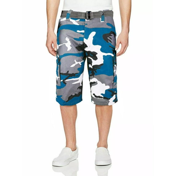Men's Casual Multi Color Cargo Shorts With Belt (Teal White Camo, 52)