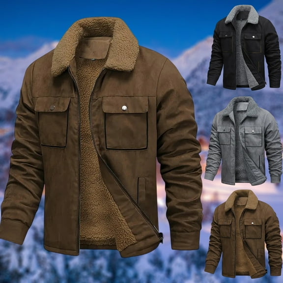 Men's Casual Multi-Pocket Suede Fleece-lined Jacket Zipper Lapel Top - Soft Interior for Autumn Winter Workwear, Outdoor Errands, and Festive Seasons,Gray,M