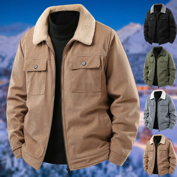 Men's Casual Multi-pocket Corduroy Fleece-lined Jacket Zipper Lapel Warm Top for Fall Winter Casual Wear Holiday Gift,Khaki,M