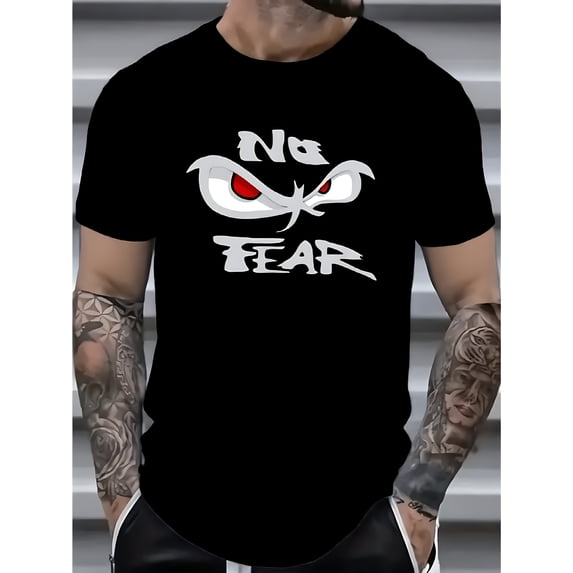 Men's Casual "NO FEAR" Graphic T-Shirt, 100% Cotton Knit Fabric, Short Sleeve, White with Bold Black & Red Eye Design, Stylish and Versatile for Spring and Summer