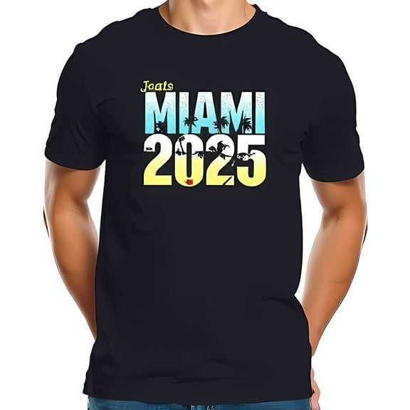 Men's Casual Navy Blue T-Shirt with 'MIAMI 2025' Graphic Design and Tree Silhouettes