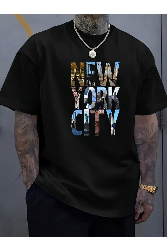 Men's Casual New York City Graphic T-Shirt - Black Polyester Blend, Short Sleeve, Round Neck, Summer Tee with Iconic NYC Skyline Print, New York T Shirt