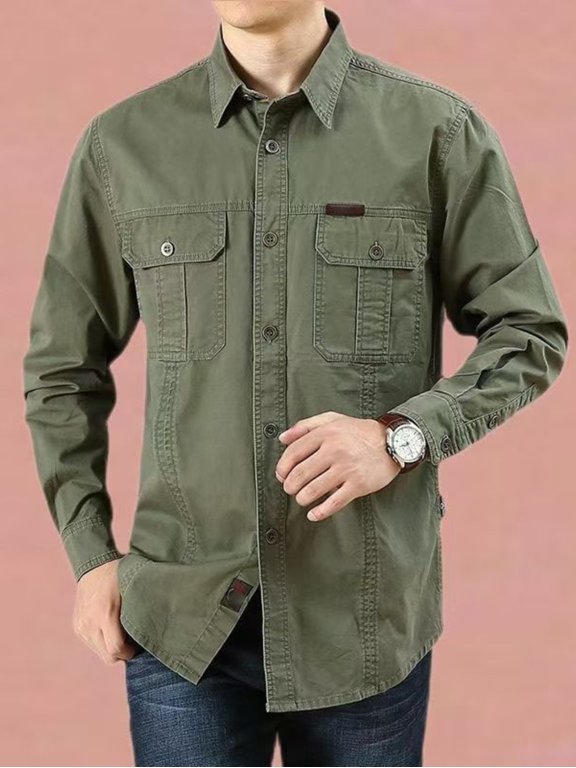 Men's 100% Cotton Long Sleeve Hiking Shirt with Pockets