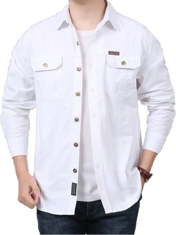 Men's 100% Cotton Long Sleeve Hiking Shirt with Pockets