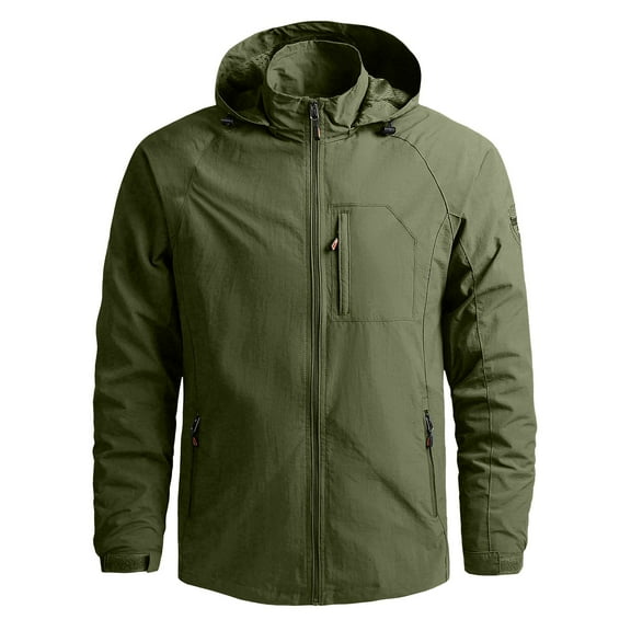 Men's Casual Outdoor Windbreaker Jacket with Detachable Hood Long Sleeve Zipper Pocket Thin Coat for Hiking