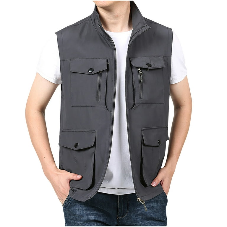 Men's Casual Outdoor Work Fishing Safari Travel Photo Cargo Vest Jacket  Full Zip Stand Collar Sleeveless Multi Pockets 