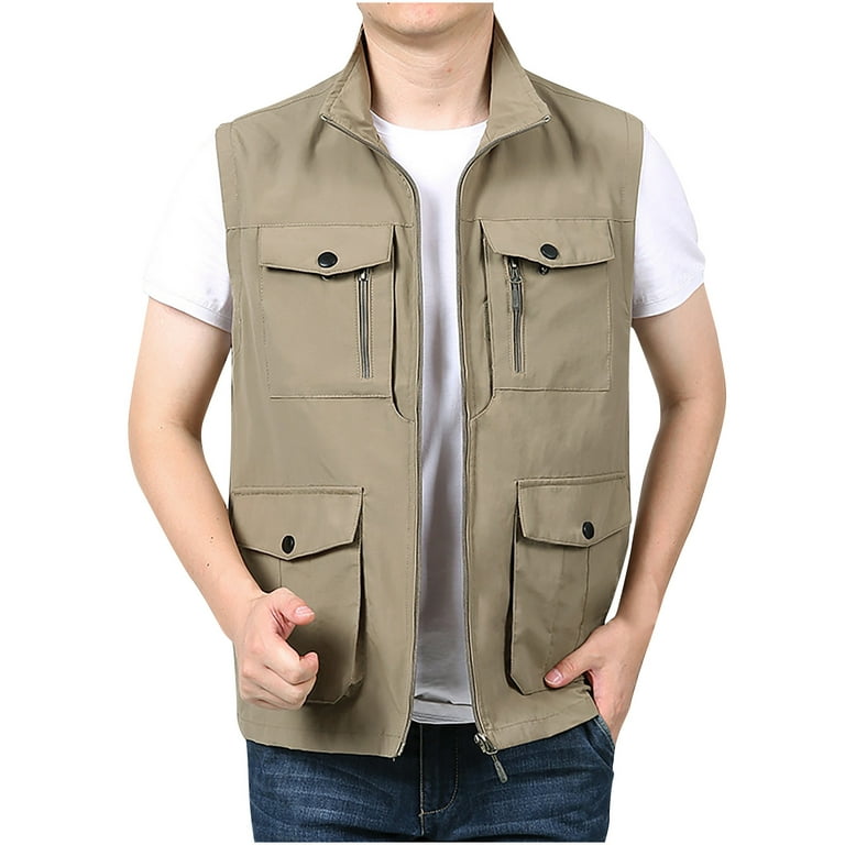 Men's Casual Outdoor Work Fishing Safari Travel Photo Cargo Vest Jacket  Full Zip Stand Collar Sleeveless Multi Pockets