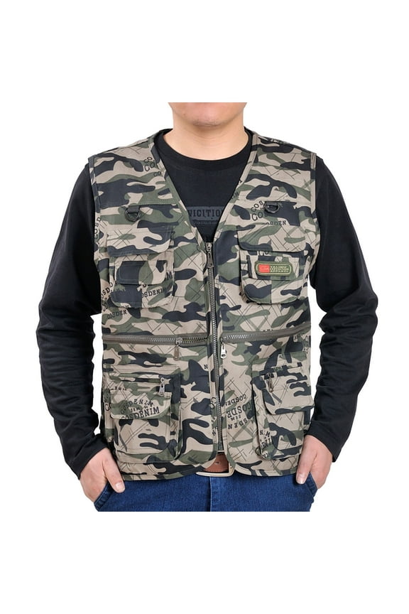 Men's Casual Outdoor Work Fishing Travel Photo Cargo Vest Jacket Multi Pockets Shirt Pack Men (Khaki,XL)