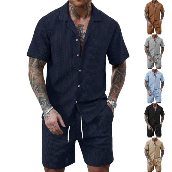 Men's Casual Outfits for Summer Lounge Sets Solid Color Turndown Collar Button Short Sleeved Shirt Elastic Waist Drawstring Shorts