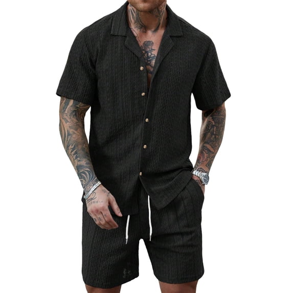 Men's Casual Outfits for Summer Lounge Sets Solid Color Turndown Collar Button Short Sleeved Shirt Elastic Waist Drawstring Shorts