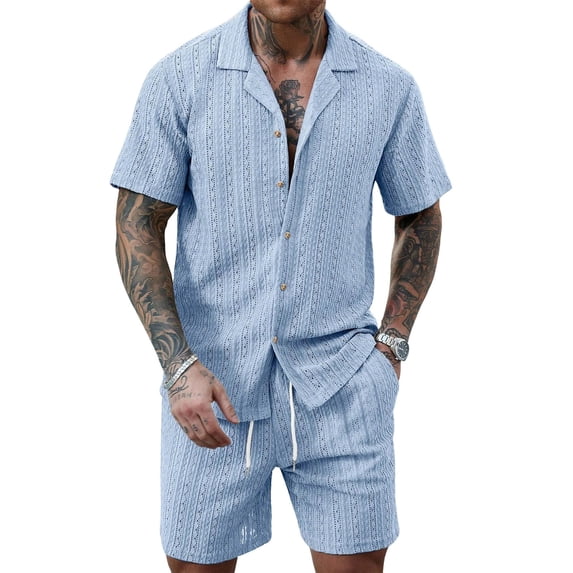 Men's Casual Outfits for Summer Lounge Sets Solid Color Turndown Collar Button Short Sleeved Shirt Elastic Waist Drawstring Shorts