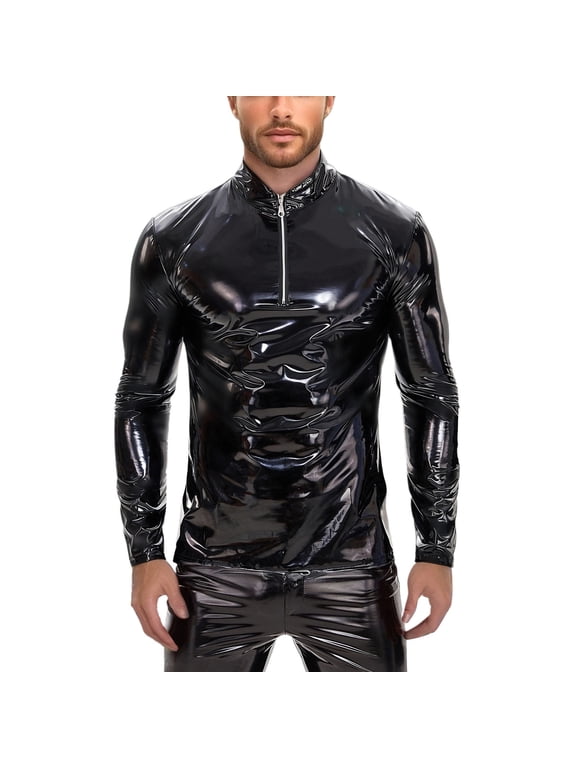 Men's Casual PU Leather Long Sleeve T-Shirt Slim Fit Stylish Jacket with Stand Up Collar for Everyday Wear