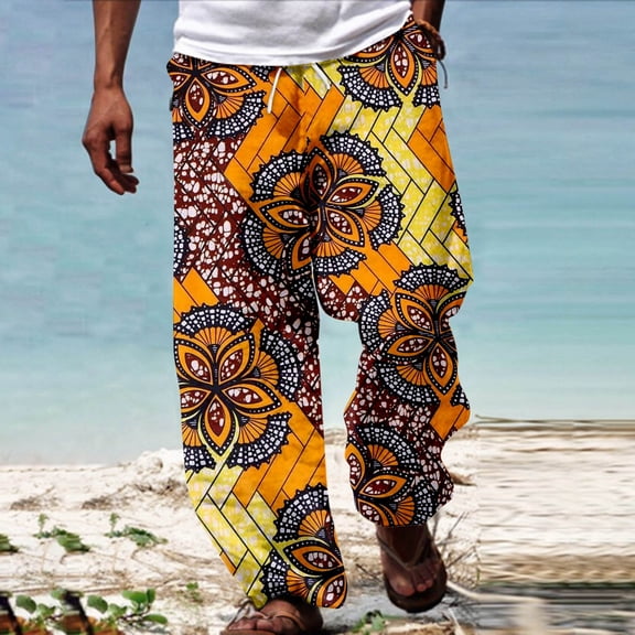 Men's Casual Pants Ankara Print African Dashiki Pants Hawaii Holiday Beach Floral Pants Travel Hiking Trouser with Pockets Yellow XXL