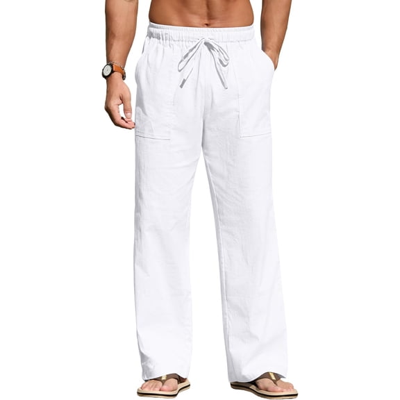 Men's Casual Pants Beach Summer Loose Fit Elastic Waist Drawstring Pants Lightweight Trousers
