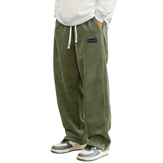 Men's Casual Pants Corduroy with Fleece Wide Leg Solid Trousers Loose Fit High Waist Pants for Daily Wear and Outdoor Activities A-Army Green L