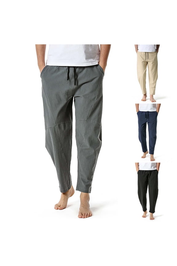 Men's Casual Pants Cotton Linen Blend Straight Leg Trousers Chinos With Pockets Drawstring Elastic Waist Breathable Lightweight Stretchy Relaxed Fit Everyday Daily Wear Work