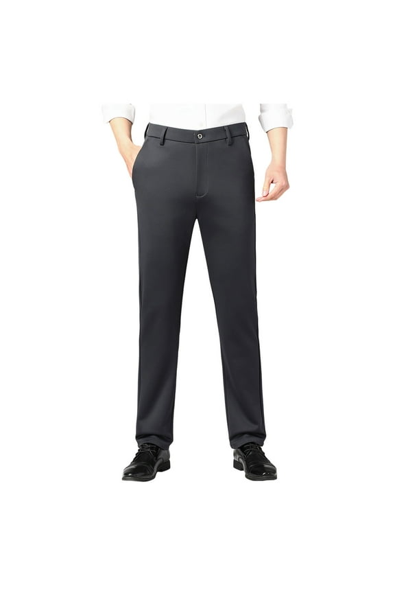 Men's Casual Pants Dressy Solid Color Business Straight Leg Trousers with Pockets Flat Front Stretchy Slim Fit Mens Dress Slacks Dark Gray 29