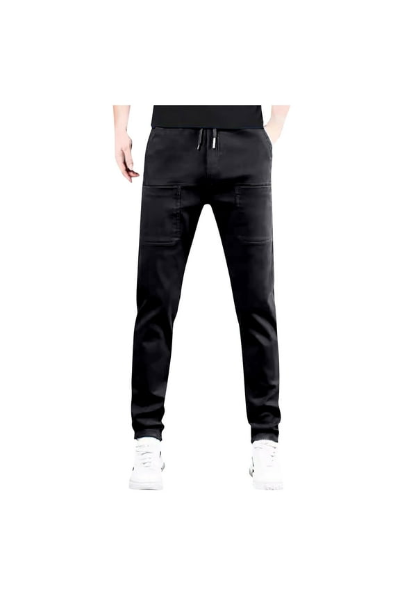 Men's Casual Pants European Solid Color Splicing Pocket Elastic Straight Leg Pants For Men Casual Loose Trend Foreign Trade Sports Black 2XL