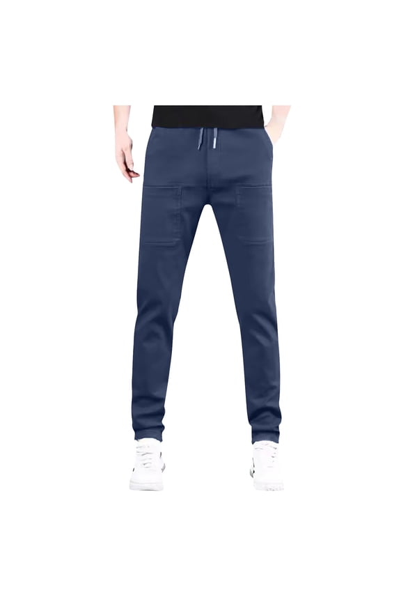 Men's Casual Pants European Solid Color Splicing Pocket Elastic Straight Leg Pants For Men Casual Loose Trend Foreign Trade Sports Dark Blue 2XL