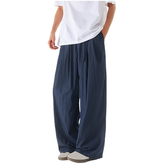 ZQUUVOU Men's Casual Pants Loose Casual Ribbon Pocket Elastic Solid Color Elastic Waist Jogger Pants Navy