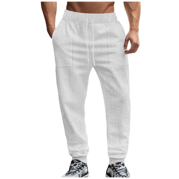 Men's Casual Pants Loose Textured Solid Color Drawstring Elastic Waist Pant Lightweight Breathable Daily Trousers White S