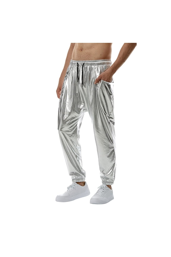 Men's Casual Pants Male Spring Summer Trousers Solid Color Tethered Leather Pants Bright Leather Trousers Silver 2XL