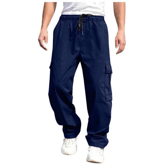 Men's Casual Pants Male Versatile All Season Cargo Pants Pocket Hem Solid Color Plus Size Outdoor Trousers Navy M