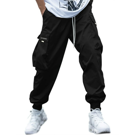 Men's Casual Pants Men Elastic Waist Jogger Sport Pants Drawstring Sports Trousers Black 3XL