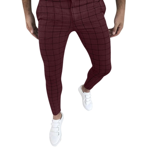 Men's Casual Pants Men Slim Fit Plaid Print Zipper Casual Fashion Long Pants Trousers end Red 3XL