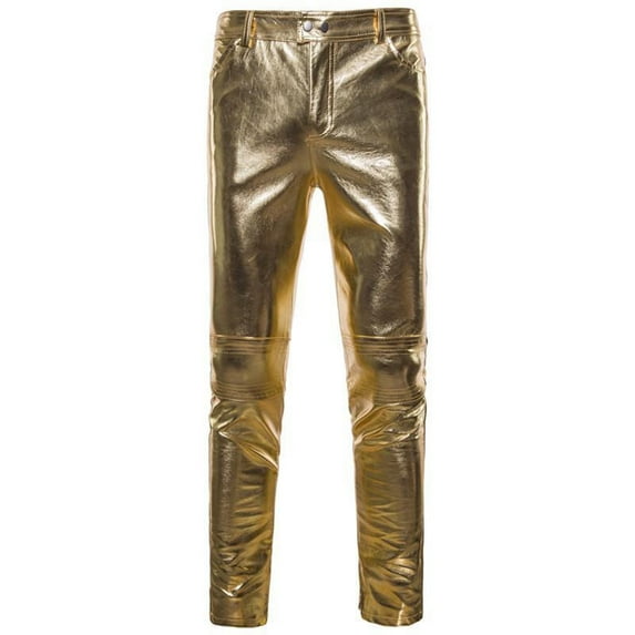 Men's Casual Pants Men's Nightclub Slim Solid Color Performance Fashion Long Leather Pants Gold 3XL