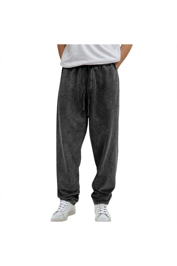 Men's Casual Pants Men's Pants Solid Color Casual Washed And Color Knitted Drawstring Pockets Thin Sweat Black XL