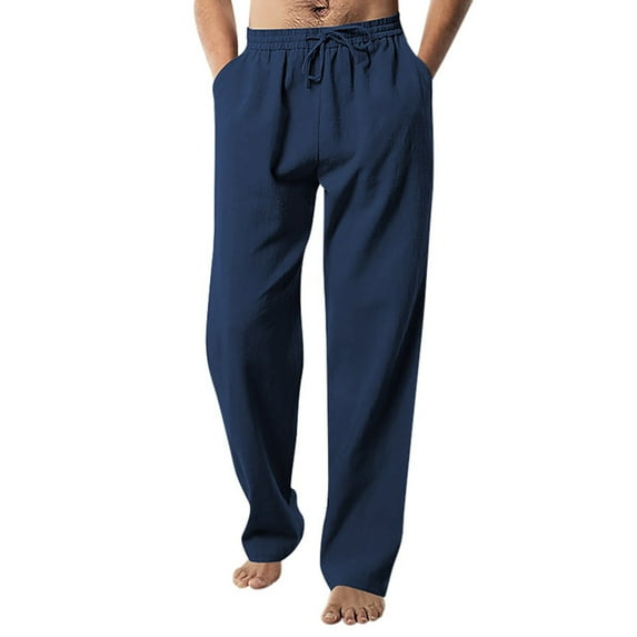 Men's Casual Pants Men's Slim Fit Business Pants Fashion Solid Casual Flat Front Work Long Trousers Navy L