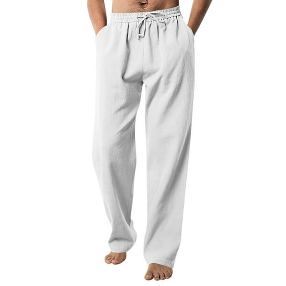 Men's Casual Pants Men's Slim Fit Business Pants Fashion Solid Casual Flat Front Work Long Trousers White M