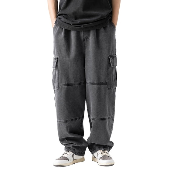 Men's Casual Pants Mens Double Solid Pocket Jeans Spring New Worn Washable Workwear Pants Black L