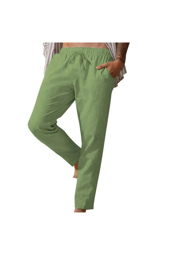 Men's Casual Pants Mens Fashion Casual Solid Color Try Breathable And Linen Pocket Elastic Waist Large Size Pants Trousers Green L